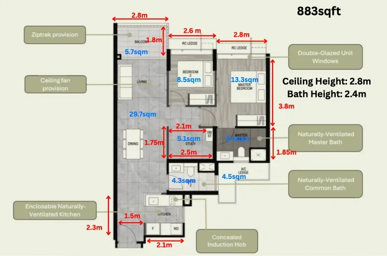 Lyndenwoods Two Bedrooms + Study Floor Plan