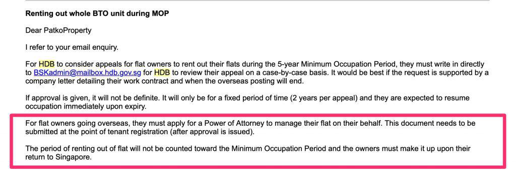 Period of Renting out the flat during MOP will not count into MOP